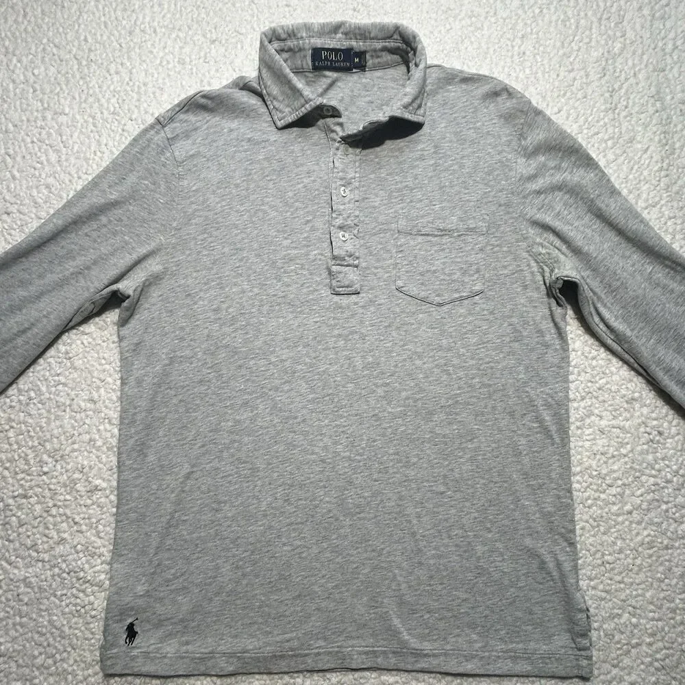 Polo Ralph Lauren Men Shirt Size M Gray Heather Long Sleeve Cotton Polo Top